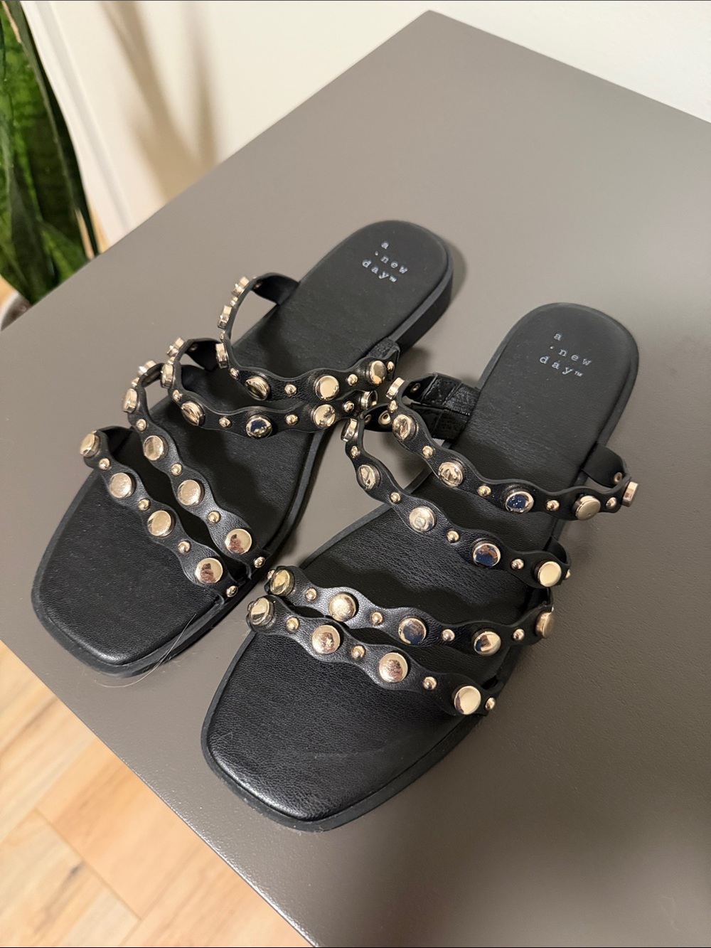 a new day Black Studded Multi-Strap Slide Sandals